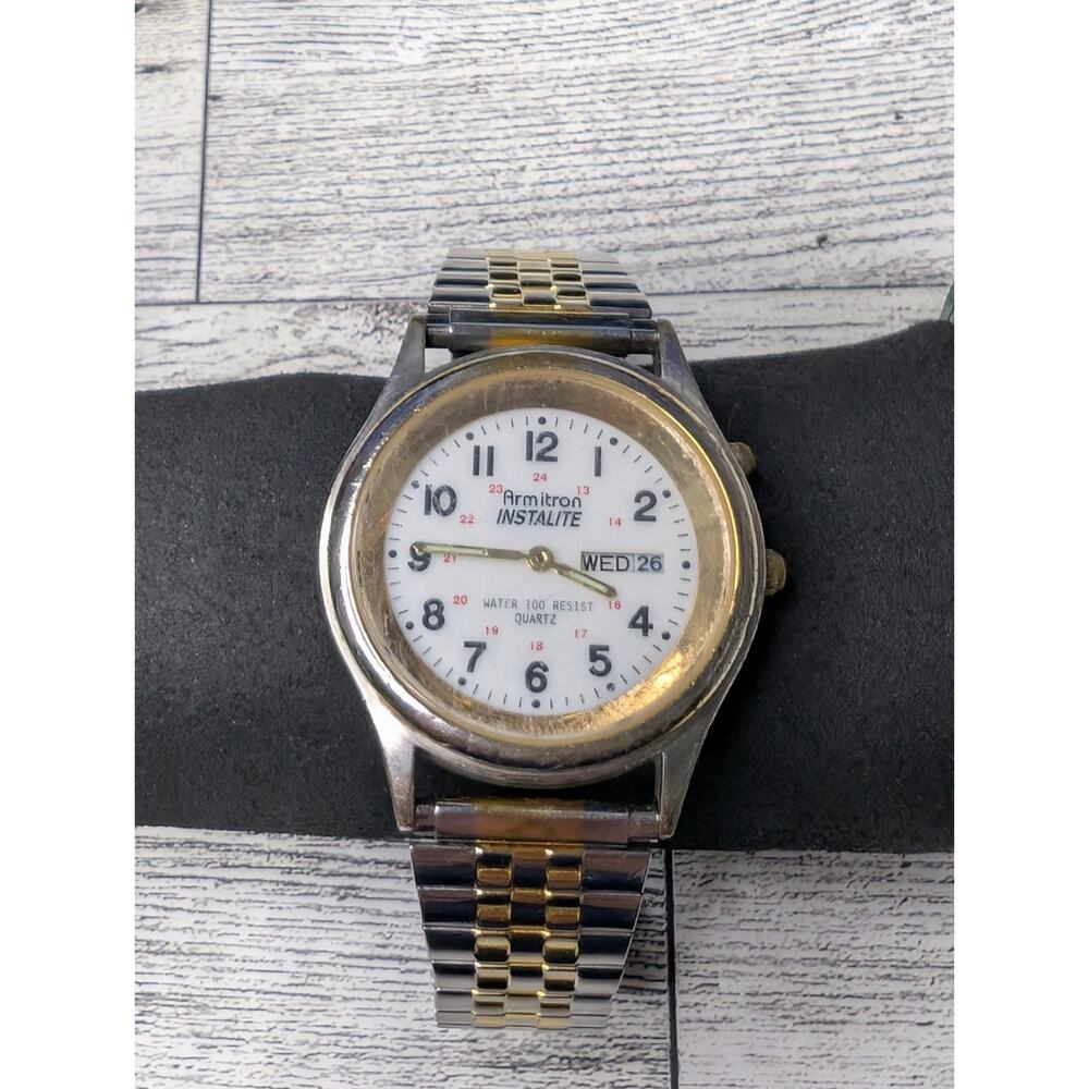 Armitron Instalite Watch Men 37mm Silver Gold Two Tone Stretch Band New Battery